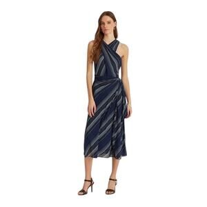 sachin and babi light blue dress LAUREN RALPH LAUREN Plaid Crinkle Georgette Tie-Neck Gown
